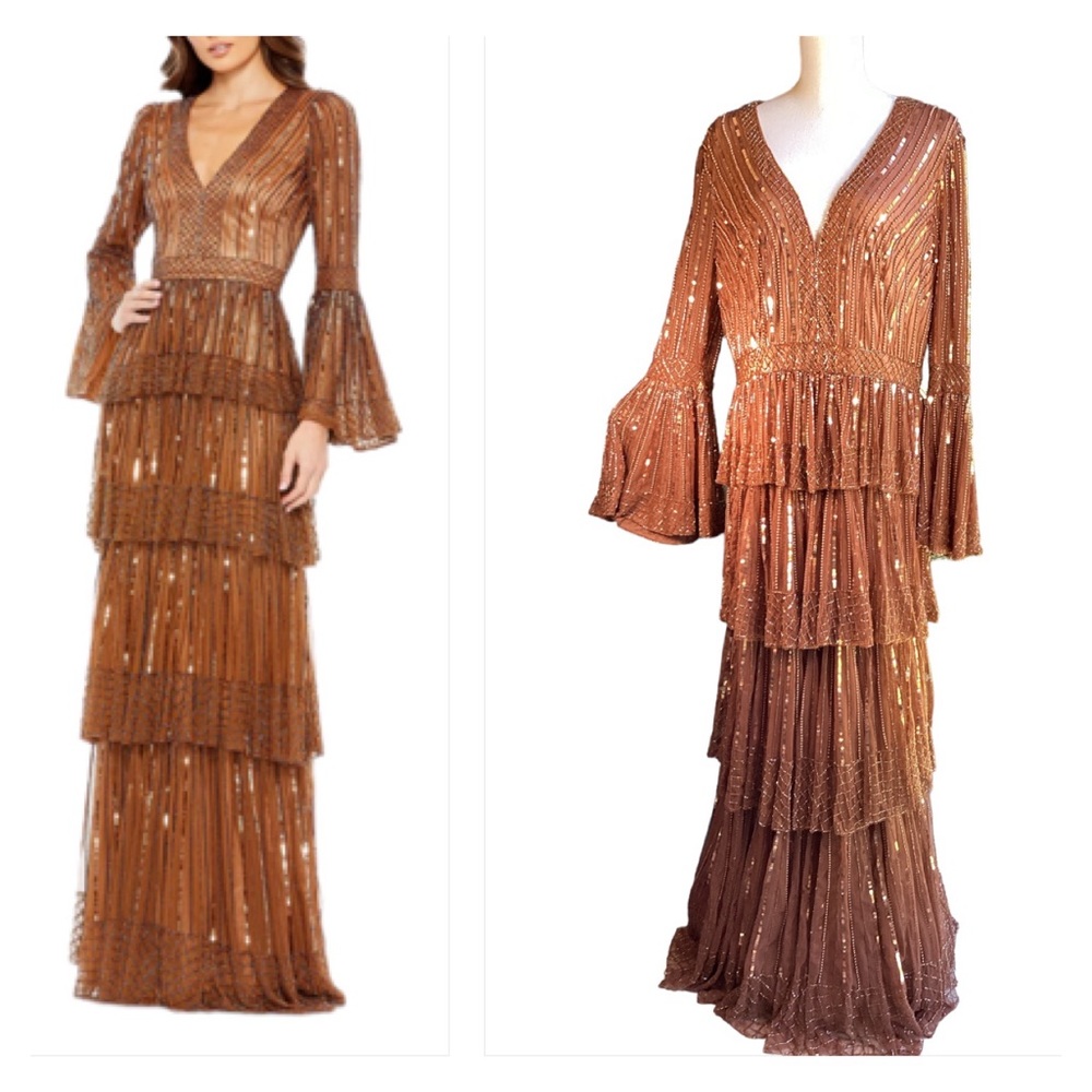 NWT Mac Duggal Copper Bell Sleeve Tiered Gown. B282